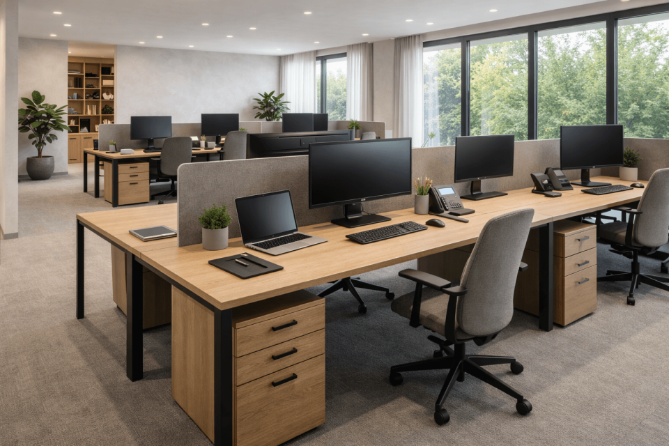 modernes buero mehrere arbeitsplaetze vollausstattung laptop monitor heidelberg